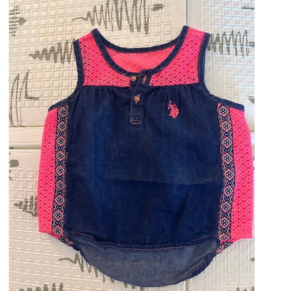 US Polo Assn Toddler Girls Denim Tank Top Pink Eyelet Lace Trim Blue 3T